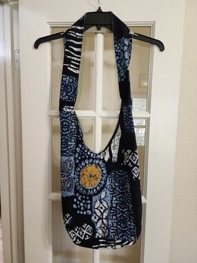 Unbranded Blue Batik Style Cotton Hobo Slouch Shoulder Bag Zip Top Boho